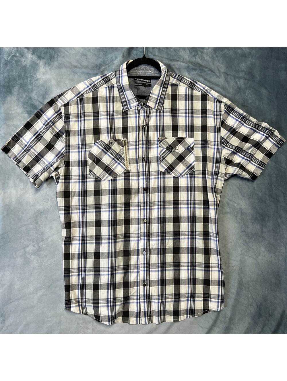 Ecko Unltd Shirt Men 3XL Blue Gray Plaid Button Pocket Short Sleeve Collar 1237